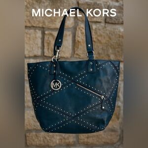 Michael Kors Astor Large Studded Blue Leather Tote Satchel Shoulder Bag Rocker